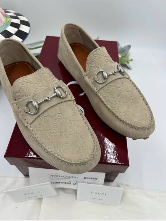 Men’s Gucci suede oatmeal horse bit driver loafer size 10.5 fits 11.5 US main image 11